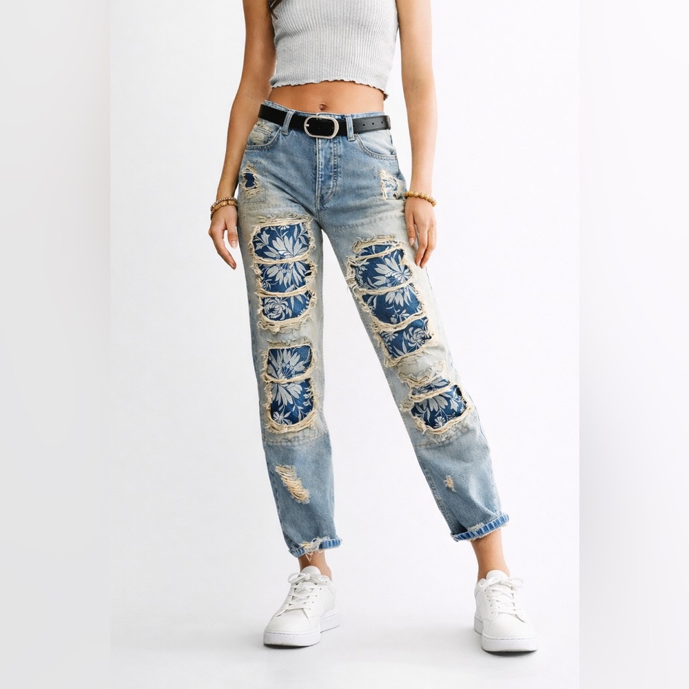Free People Light Blue Distressed Boyfriend Jeans with Floral Patchwork